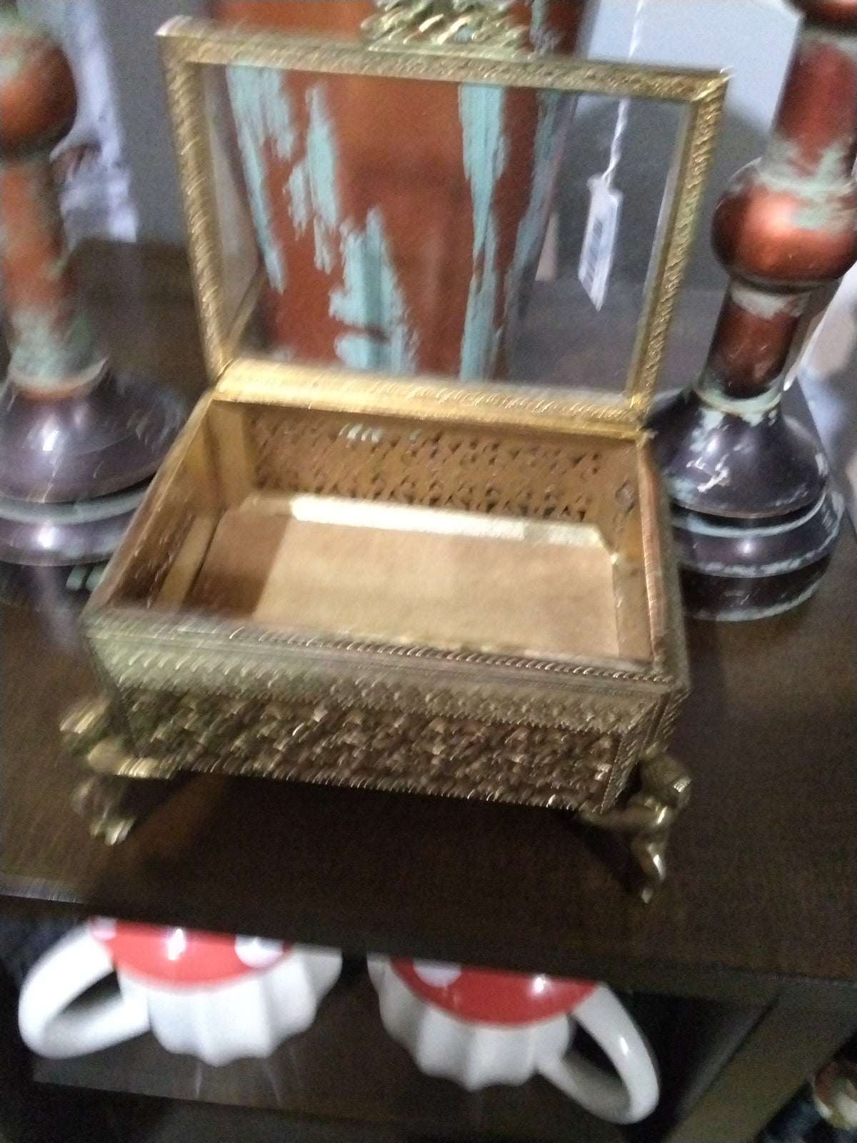 Vintage Brass Beveled Glass Trinket Box with Cherub Feet