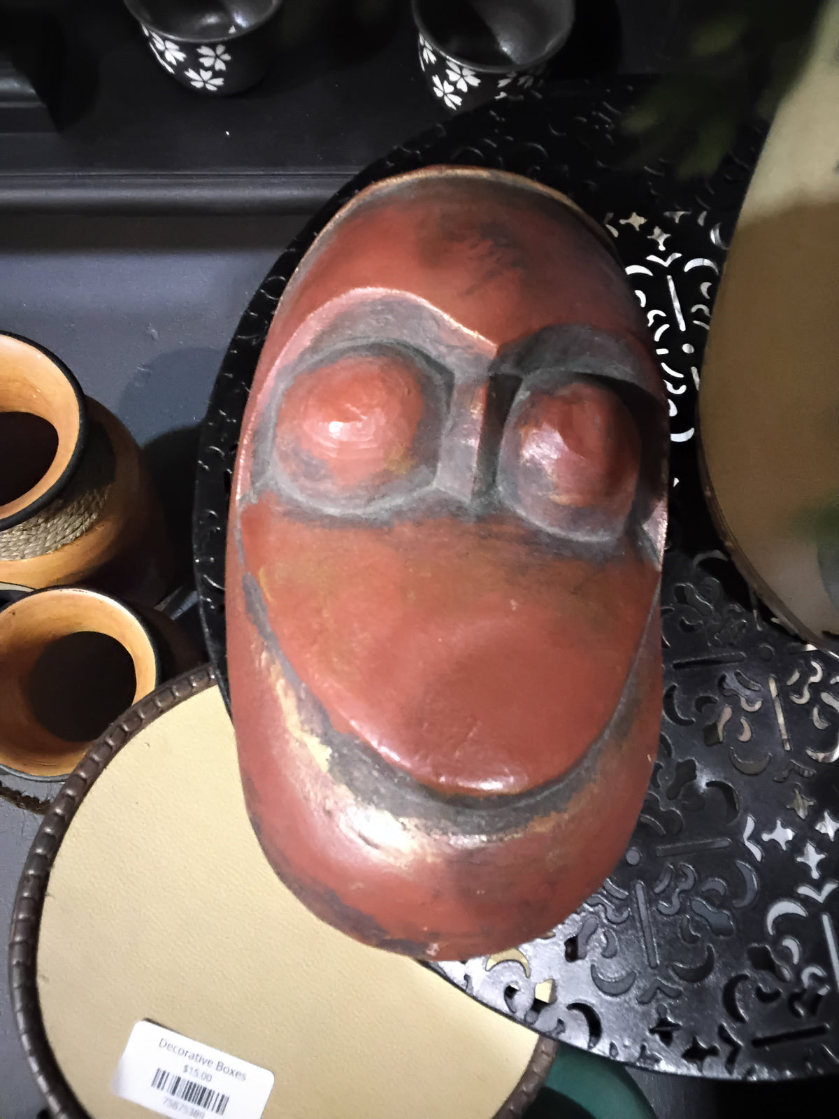 VINTAGE Folk Art Reddish-brown carved wooden Tribal Mask