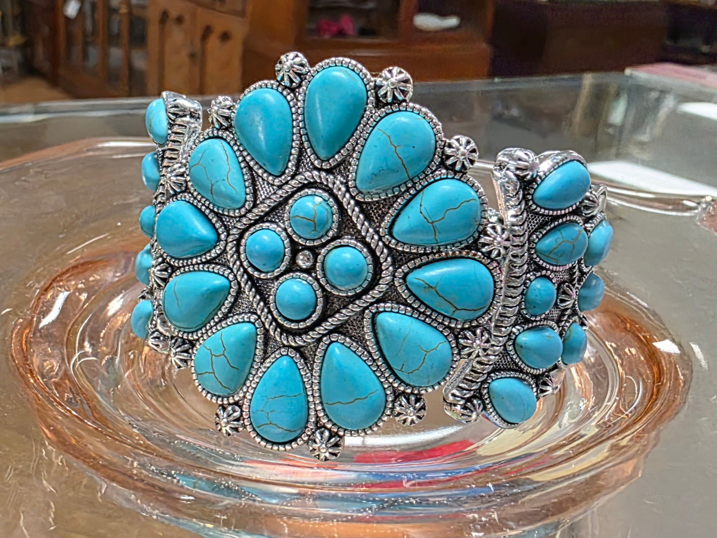 Large Turquoise & Silver Stretch Cuff Bracelet