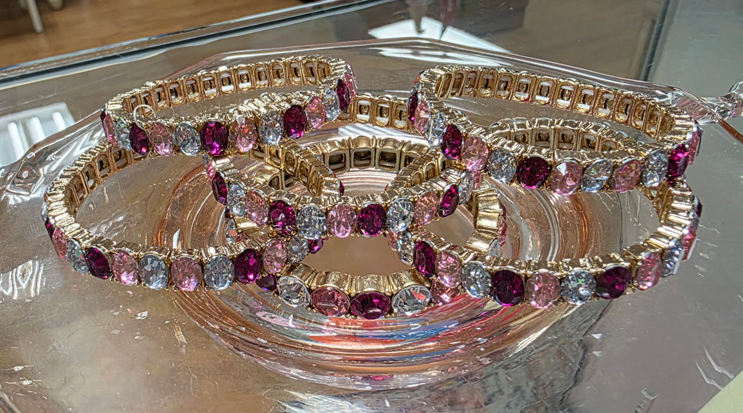Stretch Crystal Bracelet w/ Gold, Silver, Light Pink, Dark Pink