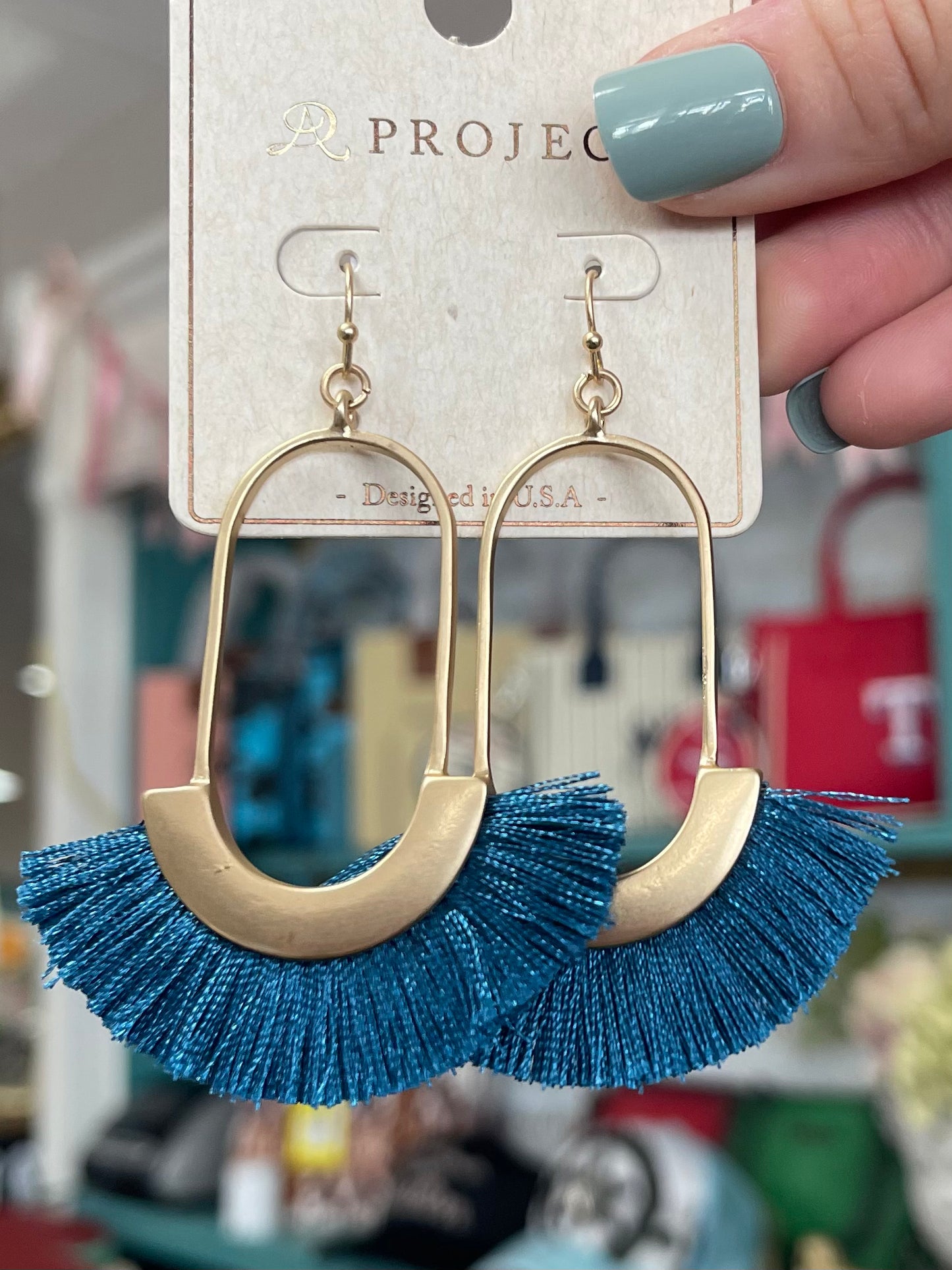 Oval Statement Drop Earrings With Tassel - Blue