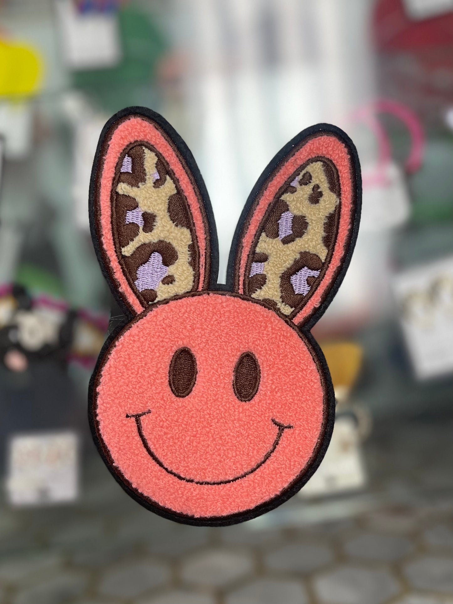 Pink Smiley Face With Cheetah Ears Patch