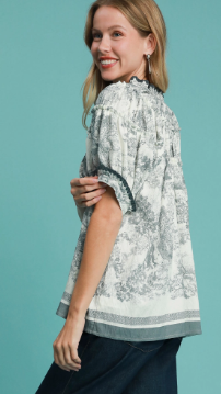Umgee Abstract Print Blouse w/ Ruffled Neckline