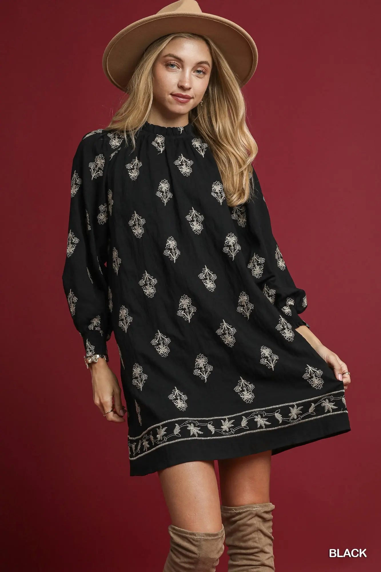 Embroidered Long Sleeve Mini Dress
