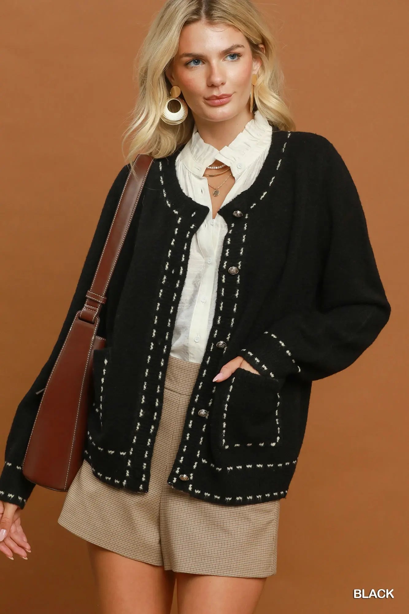Contrast Stitch Button Front Knit Cardigan