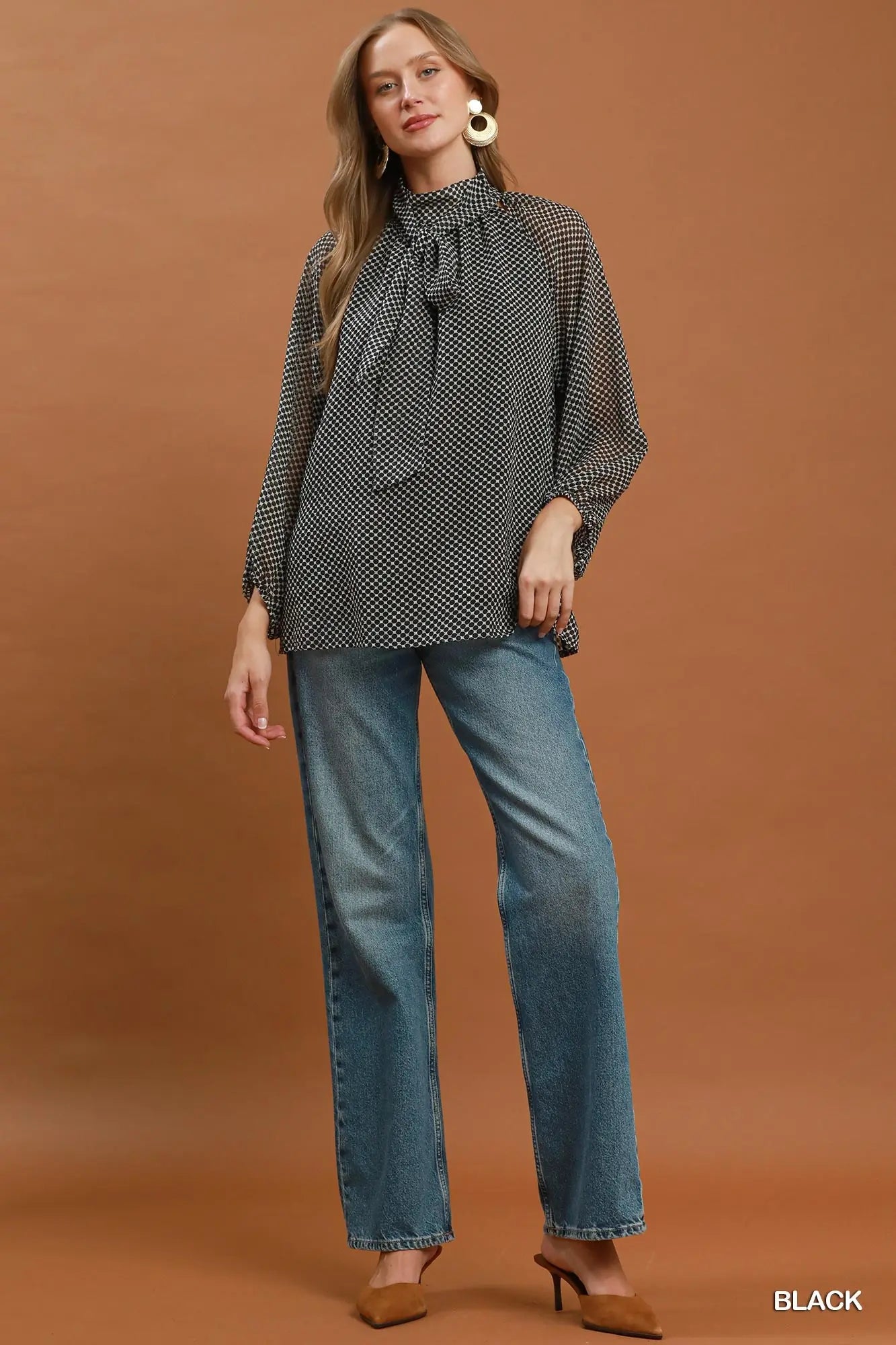 Dot Print Tie Neck Long Sleeve Blouse