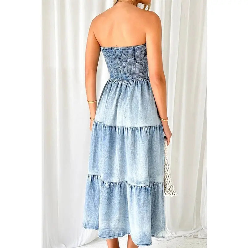 Strapless Side Slit Denim Dress
