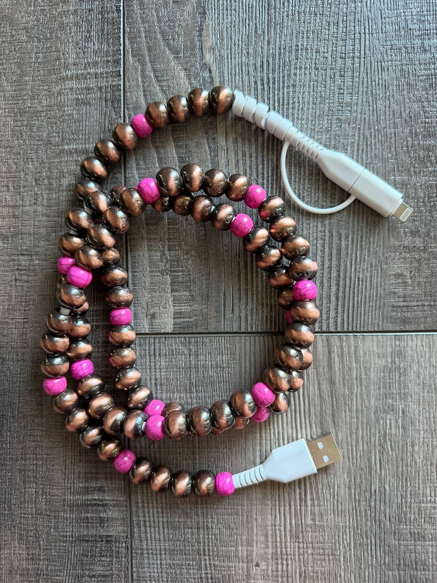 Pink Turquoise Beaded Phone Charger with Lightning & USB-C