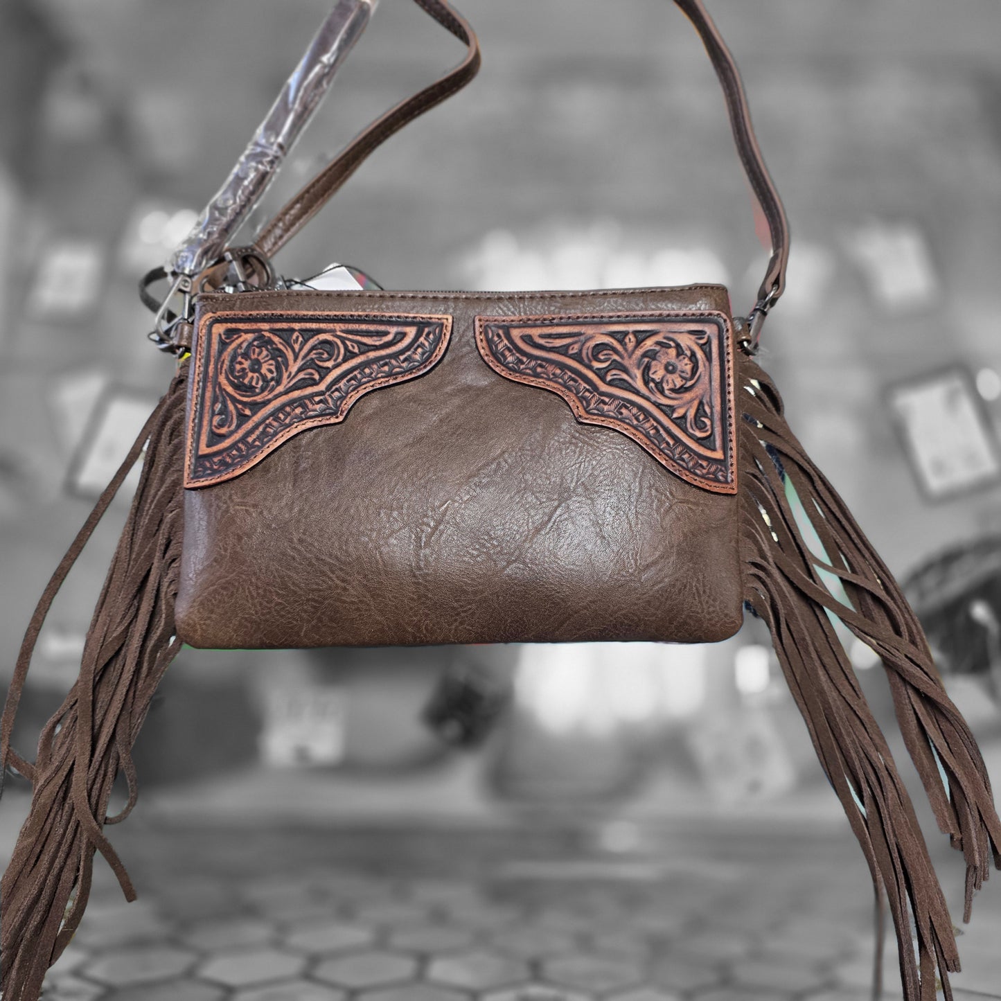 Montana West Floral Tooled Fringe Wristlet Clutch/Crossbody Bag