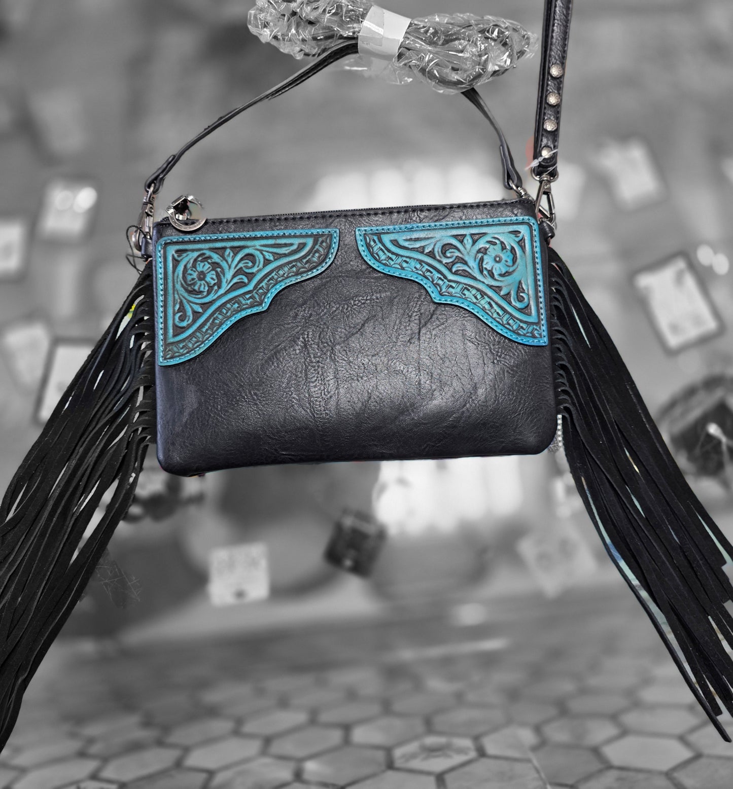 Montana West Floral Tooled Fringe Wristlet Clutch/Crossbody Bag