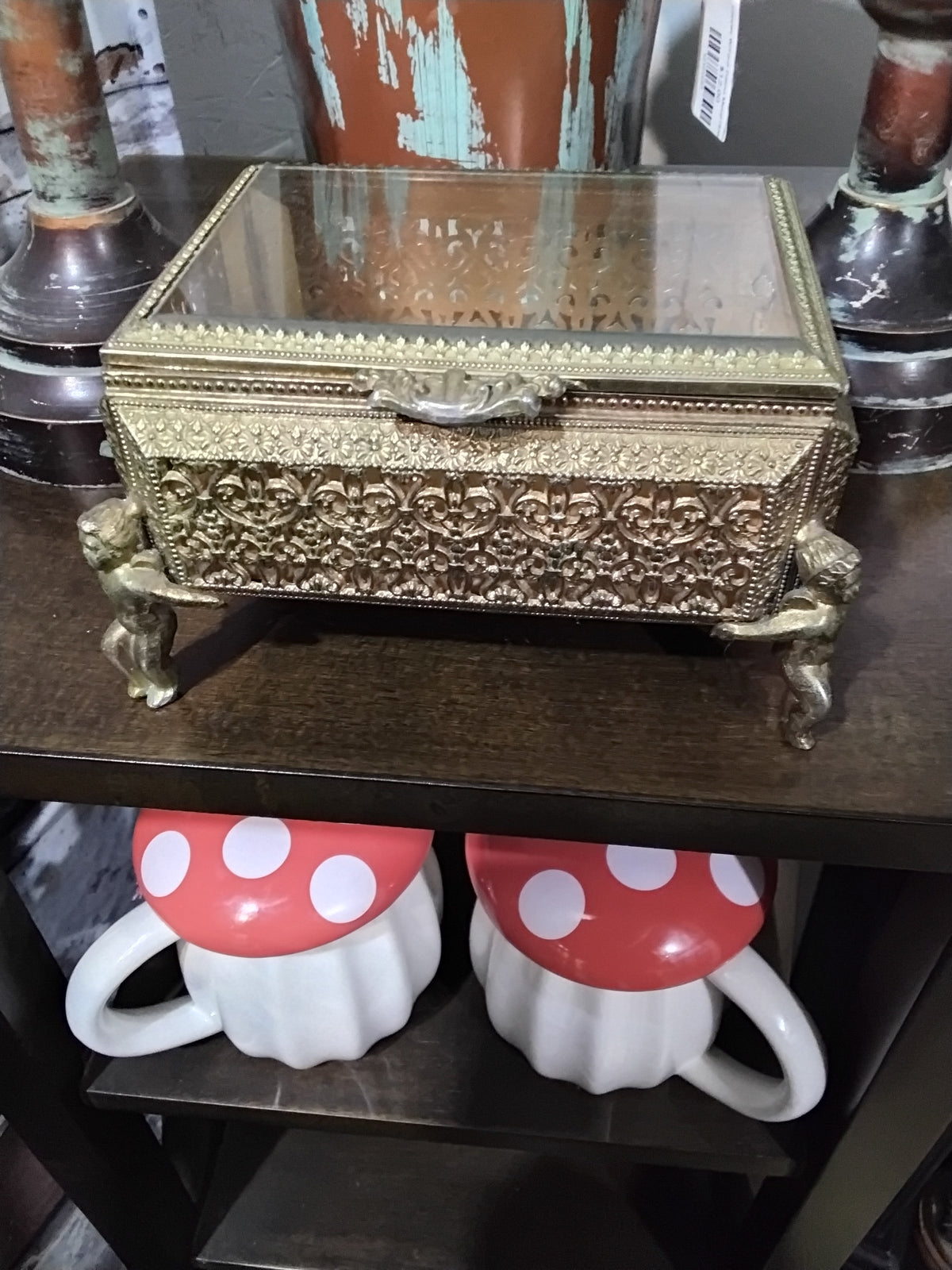 Vintage Brass Beveled Glass Trinket Box with Cherub Feet