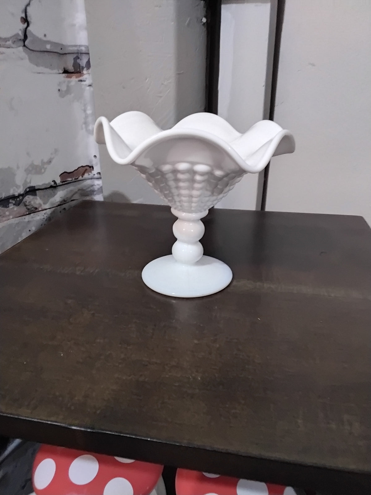 vintage white milk glass hobnail pedestal compote