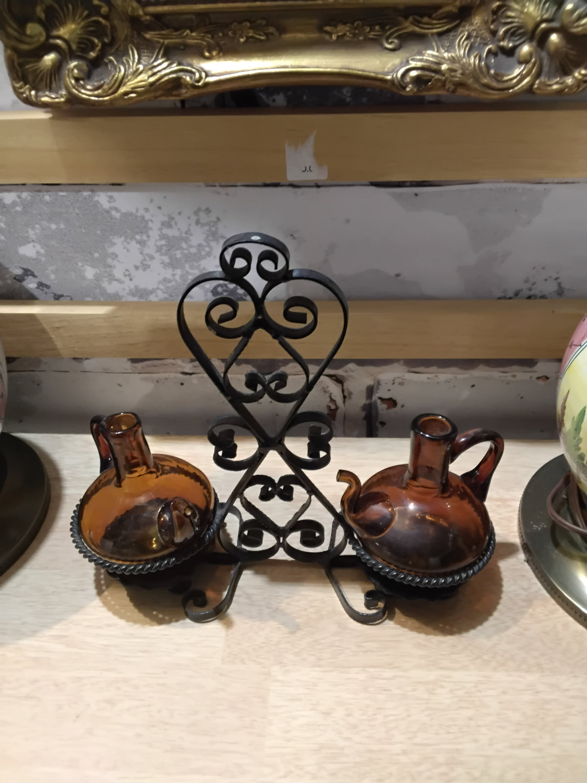 Vintage Amber Glass Vinegar & Oil Cruet Set in Wrought Iron