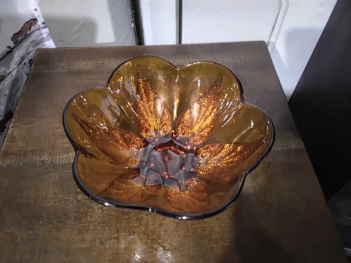 Vintage Anchor Hocking Amber Beaded Leaf Bowl with Scalloped Edges