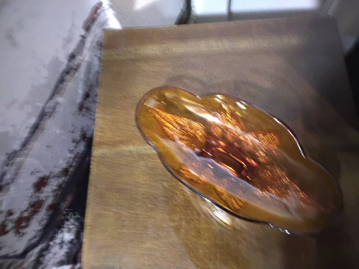 Vintage Anchor Hocking Amber Glass Renaissance Beaded Leaf Bowl, Serving Dish