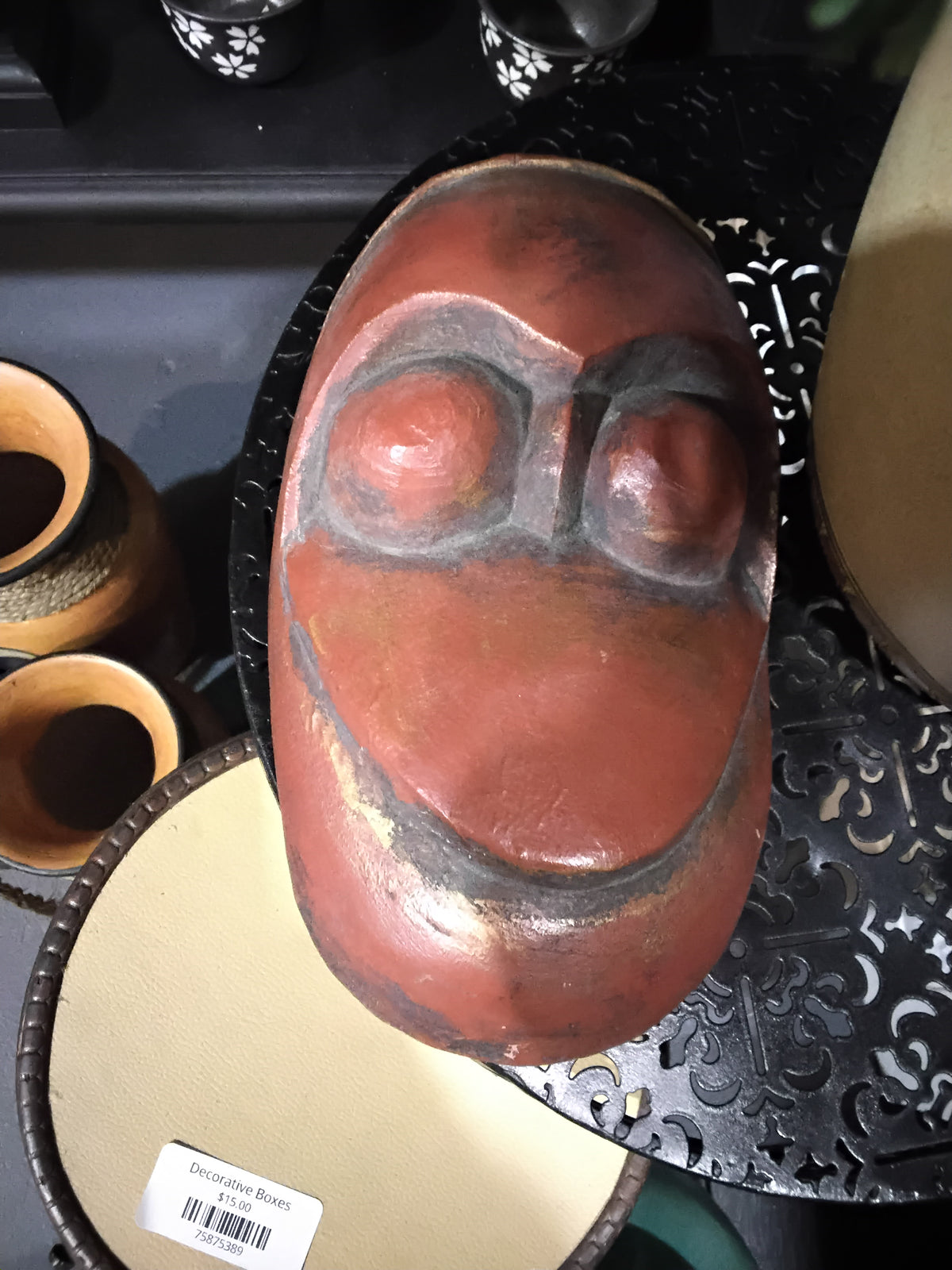 VINTAGE Folk Art  Reddish-brown carved wooden Tribal Mask