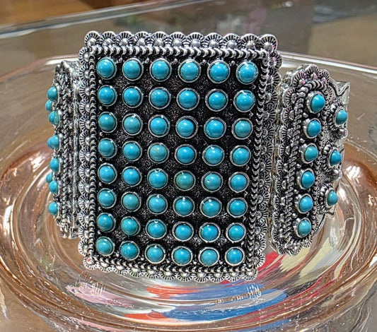Large Turquoise & Silver Stretch Cuff Bracelet