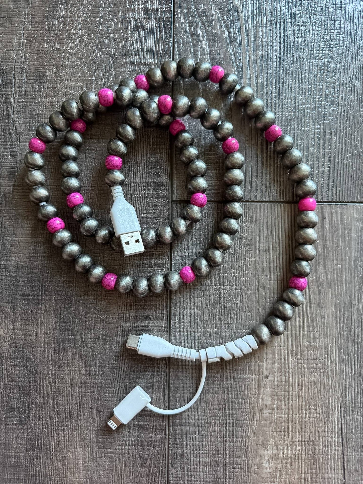 Pink Turquoise Beaded Phone Charger with Lightning & USB-C