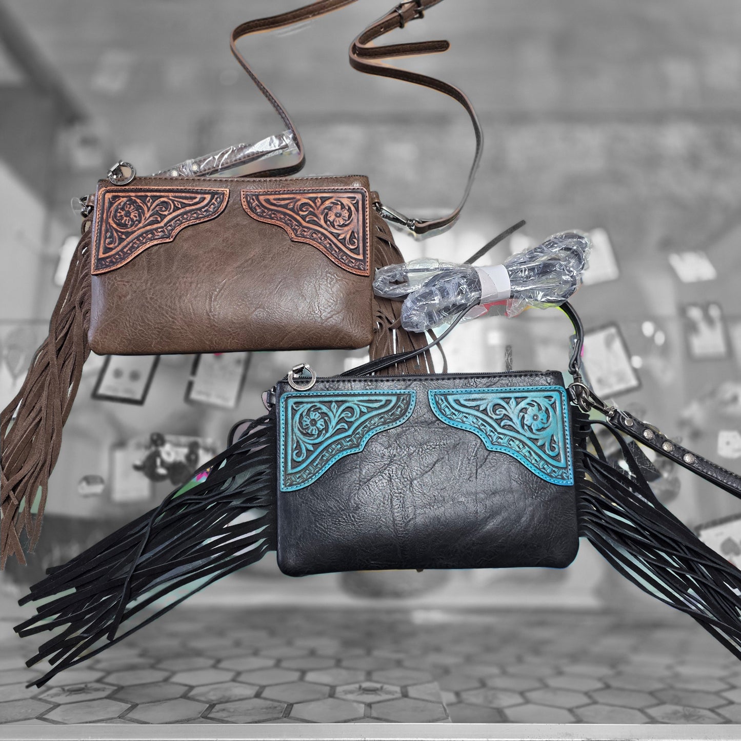 Montana West Floral Tooled Fringe Wristlet Clutch/Crossbody Bag
