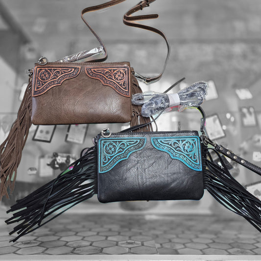 Montana West Floral Tooled Fringe Wristlet Clutch/Crossbody Bag