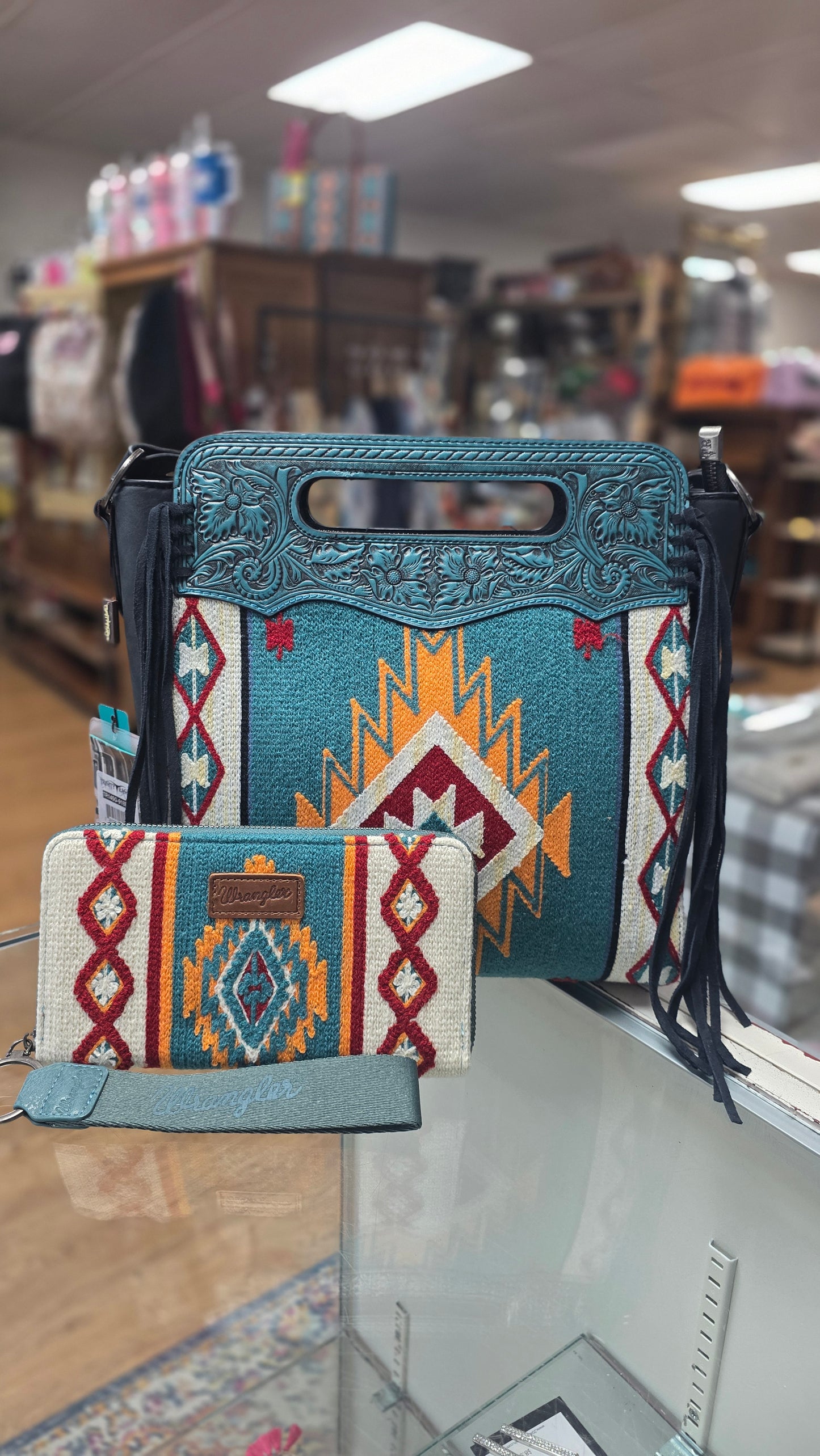 Trinity Ranch Knitted Aztec Print & Black Leather Purse