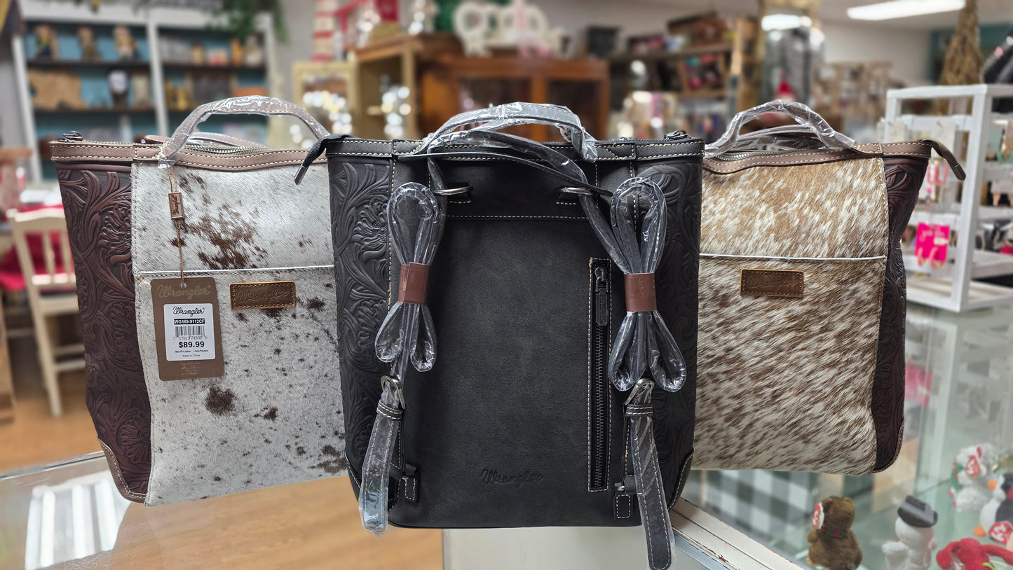 Wrangler Genuine Hair-On Cowhide Floral Tooled Convertible Backpack / Crossbody