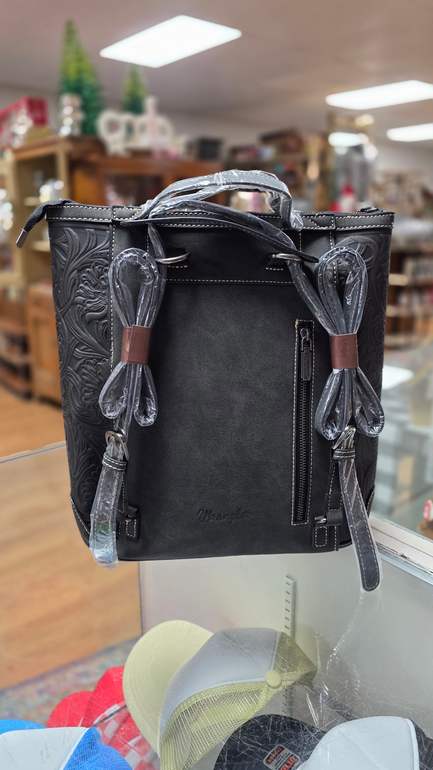 Wrangler Genuine Hair-On Cowhide Floral Tooled Convertible Backpack / Crossbody