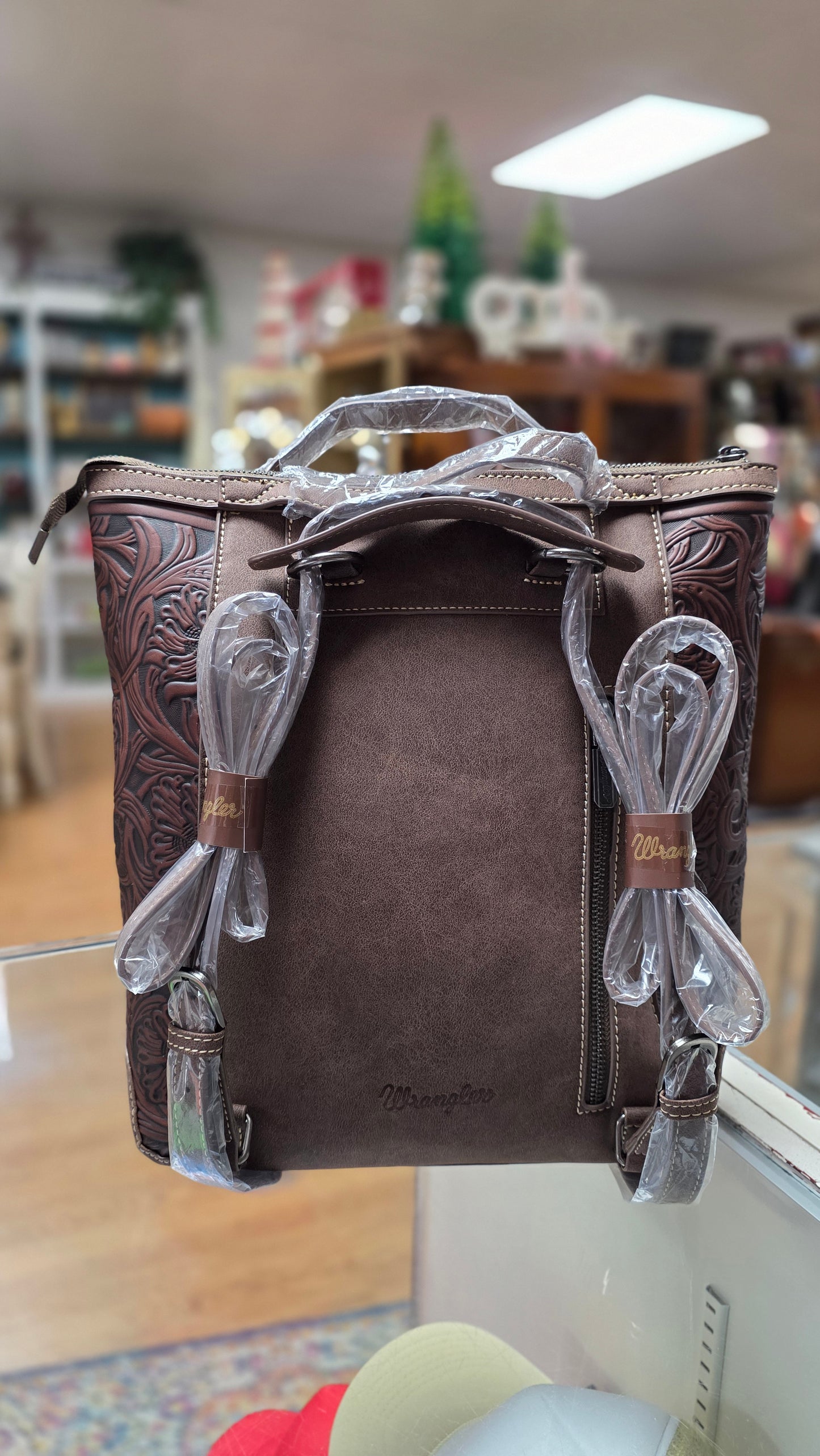 Wrangler Genuine Hair-On Cowhide Floral Tooled Convertible Backpack / Crossbody