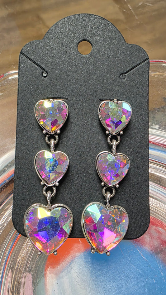 3 Heart Iridescent Heart Waterfall Style Earrings