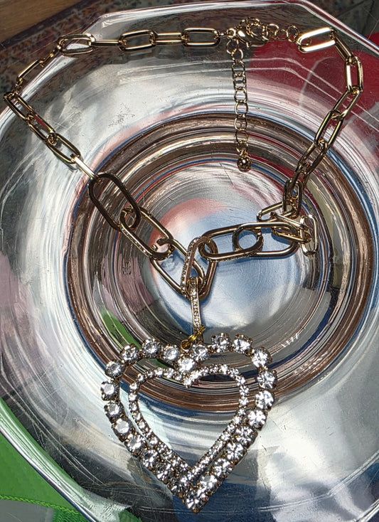 17" Gold Link Chain w/ Large Double Crystal Heart Pendent