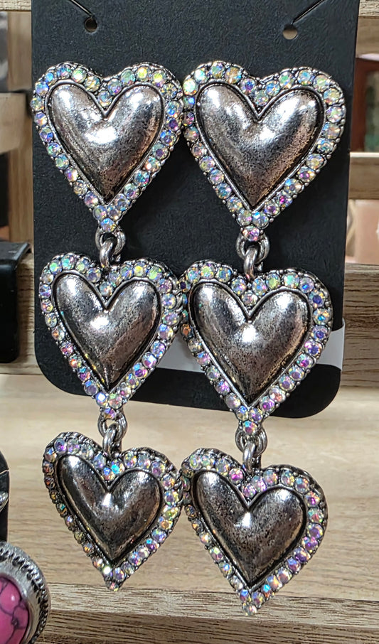 3 Heart Silver & Bling Waterfall Style Earrings