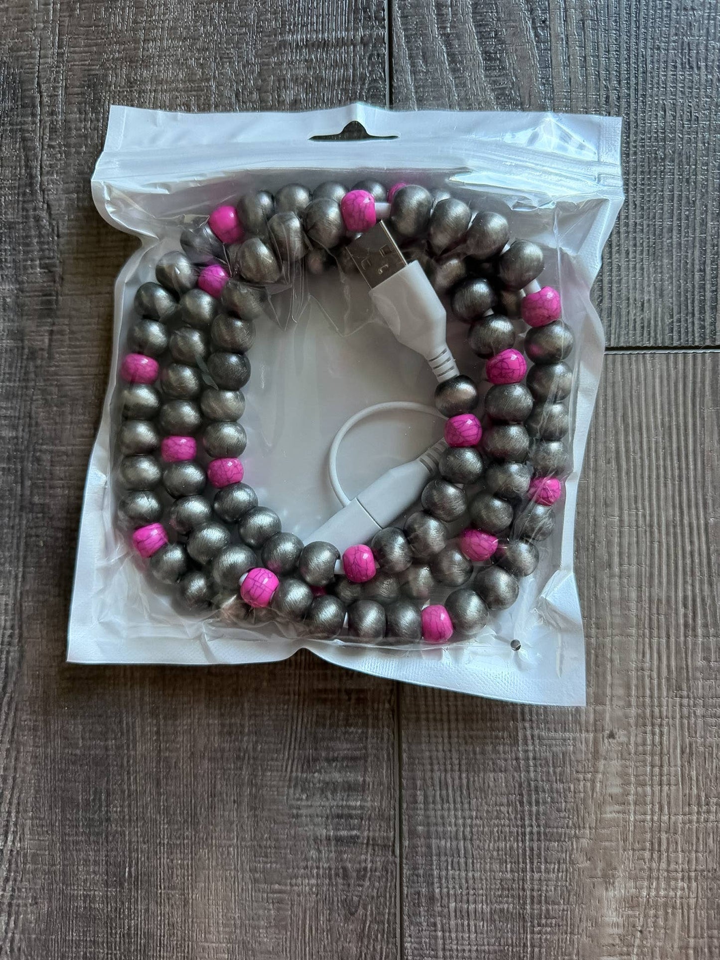 Pink Turquoise Beaded Phone Charger with Lightning & USB-C