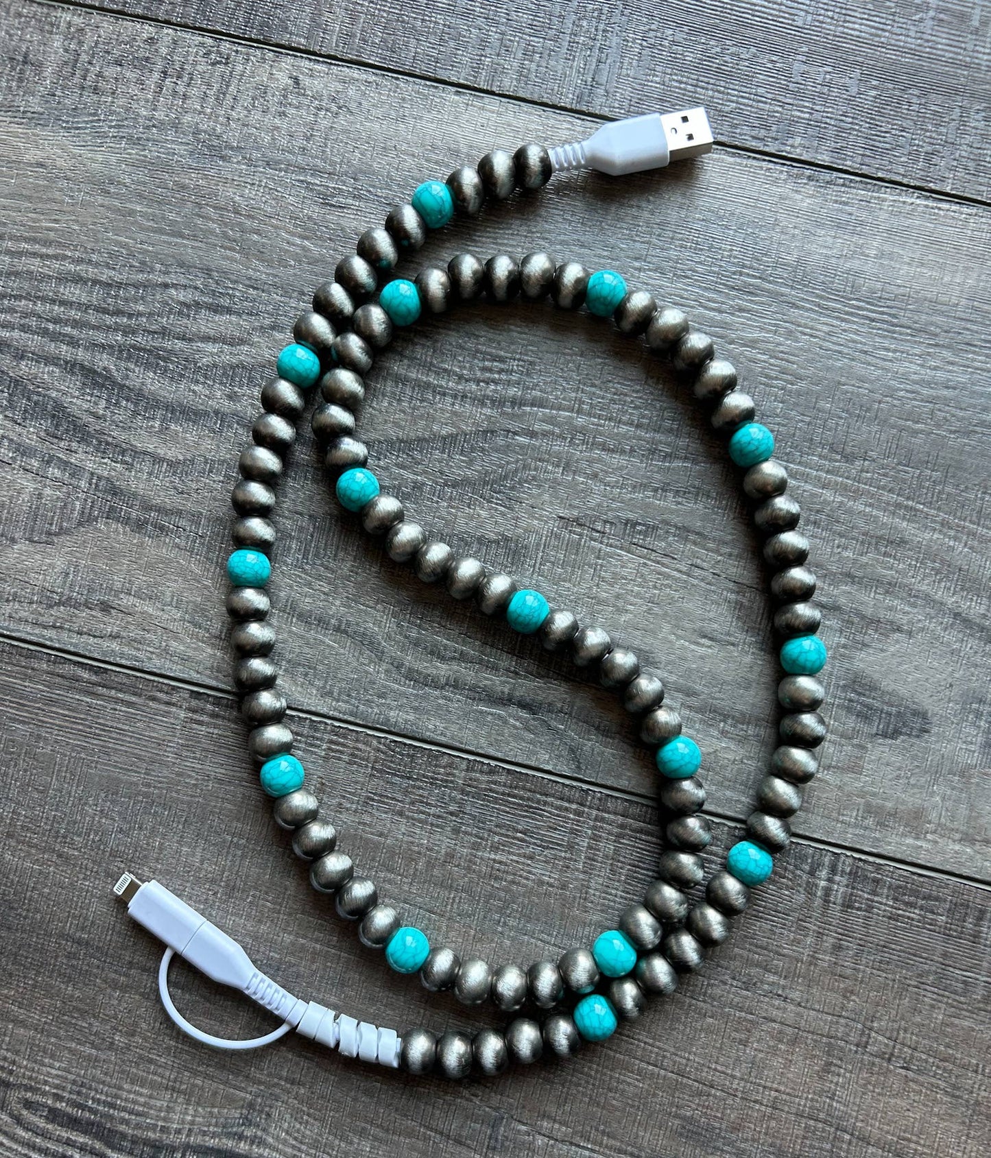 Pink Turquoise Beaded Phone Charger with Lightning & USB-C