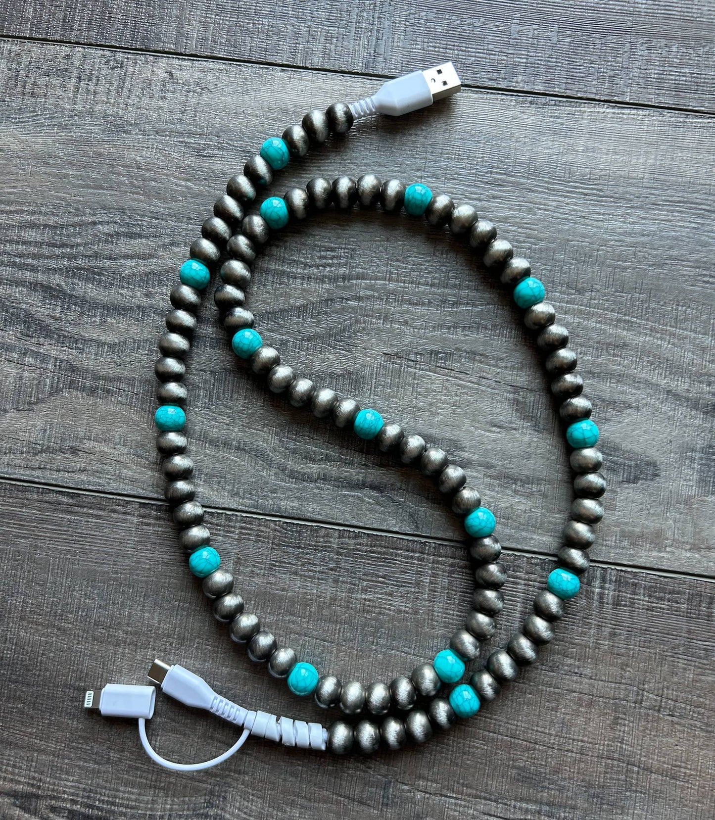 Pink Turquoise Beaded Phone Charger with Lightning & USB-C