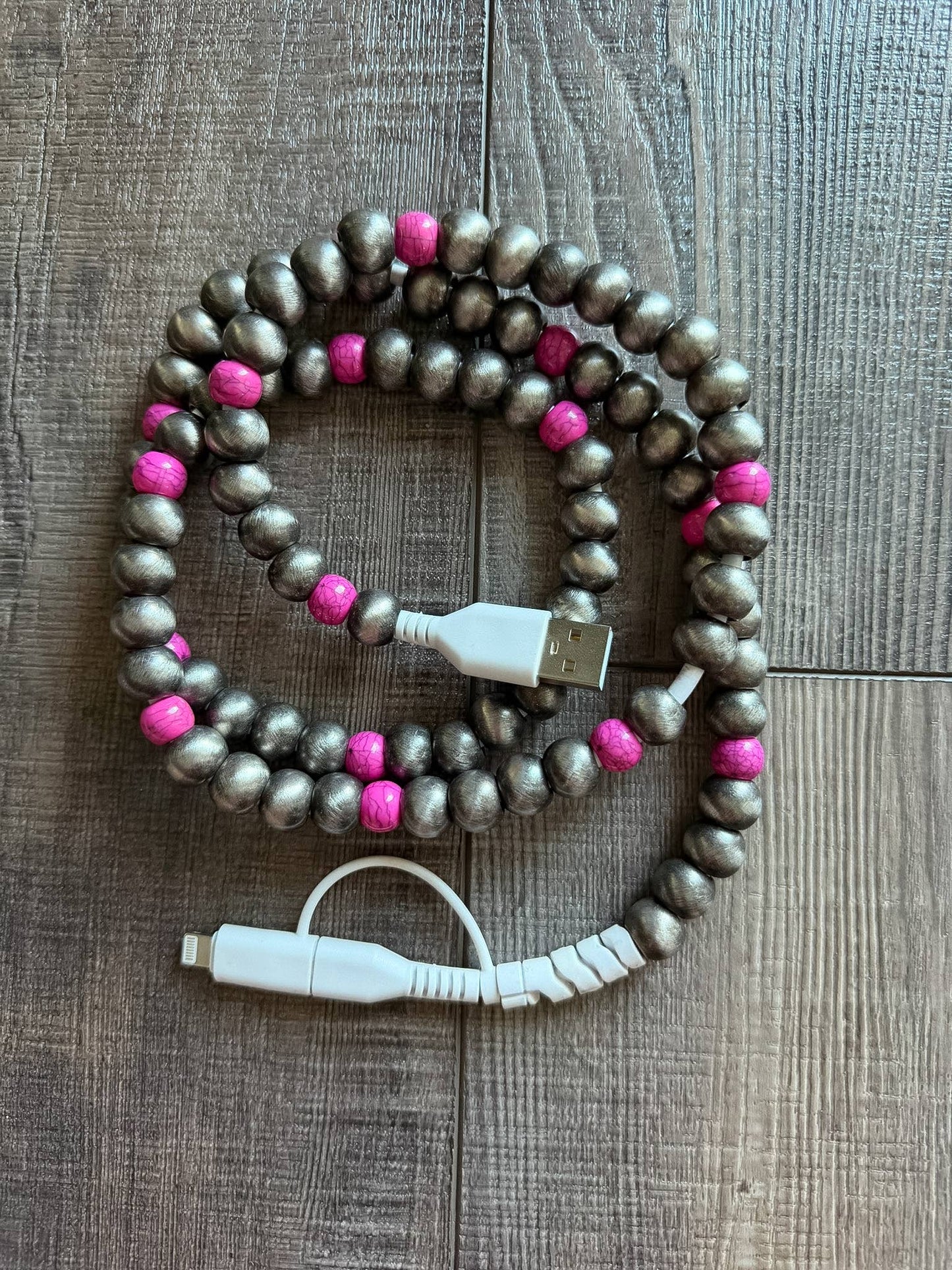 Pink Turquoise Beaded Phone Charger with Lightning & USB-C