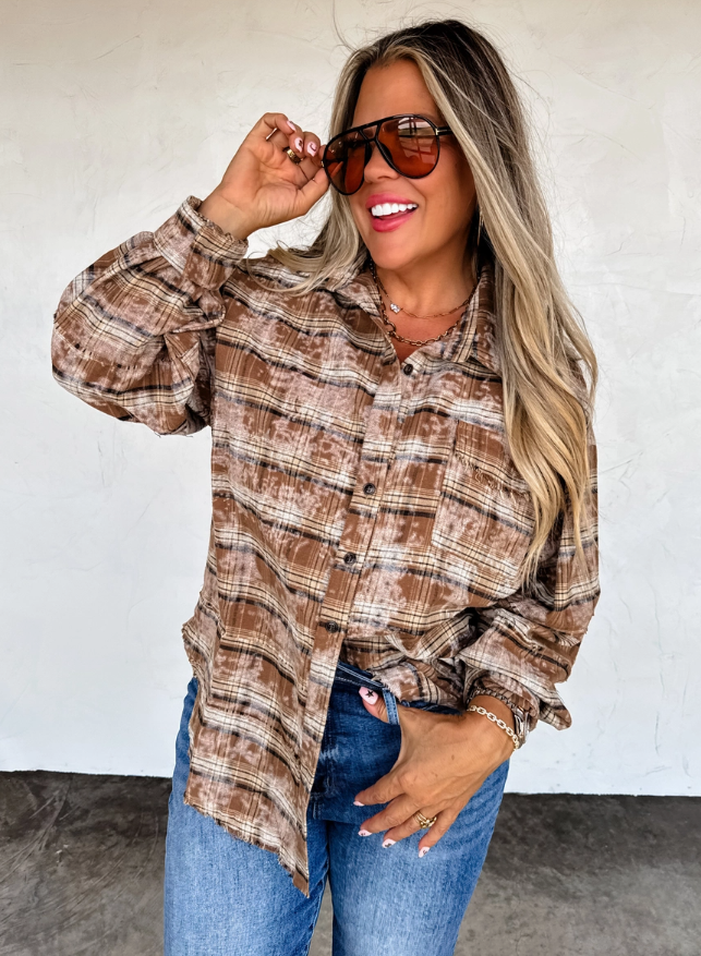 Blakely Bleached Plaid Flannel Style Button-Down Shirt