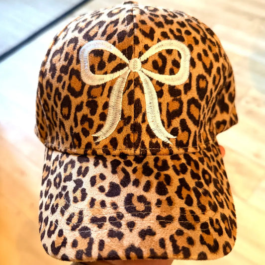 Embroidered Coquette Bow on Leopard Brushed Suede Cap / Hat