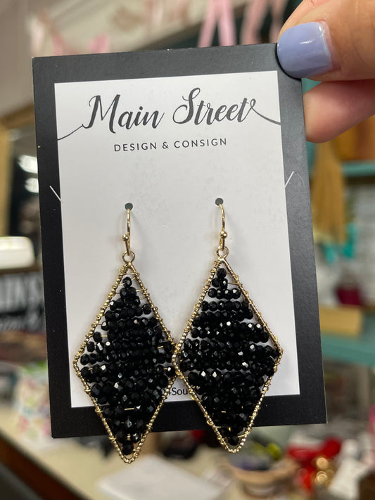 Black Beaded Diamond Shaped Drop Earrings