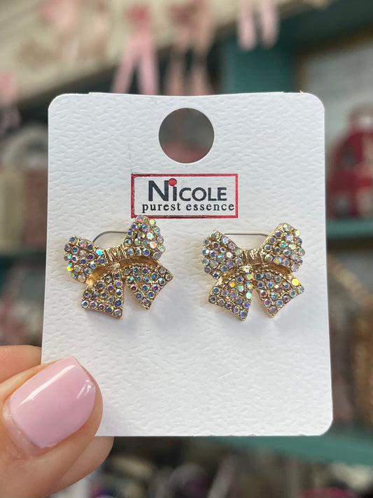 Iridescent Blingy Gold Bow Stud Earrings
