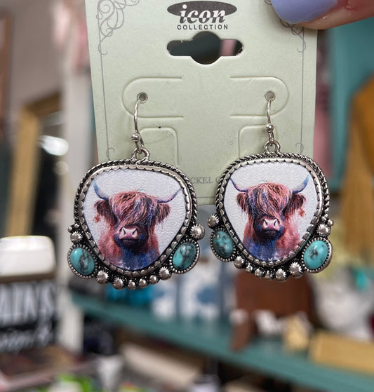 Western Cow Earrings W/ Turquoise Rock