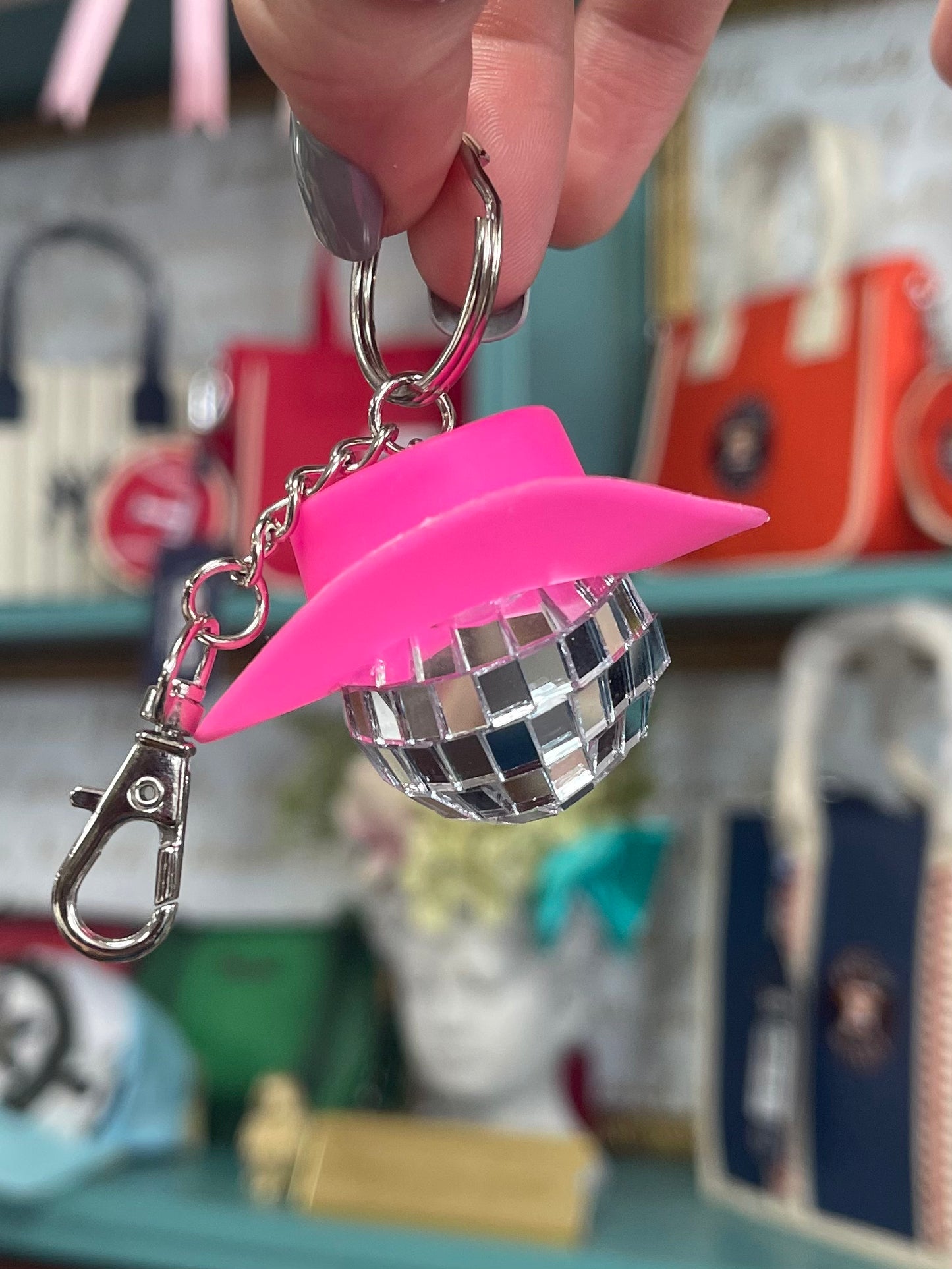 Pink Cowboy Hat Disco Ball Keychain