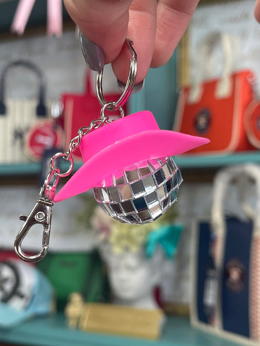Pink Cowboy Hat Disco Ball Keychain