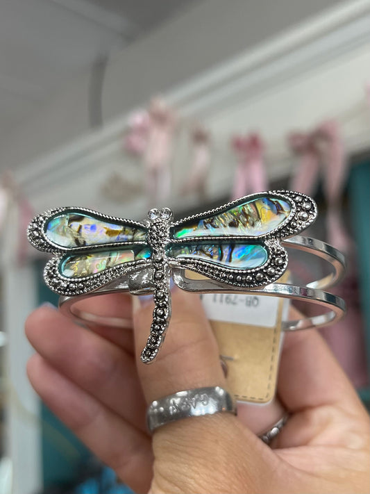 Silver Dragonfly Bracelet W/ Colored Glass Wings