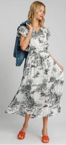 Umgee Two Tone Landscape Print Midi Dress