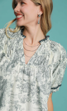 Umgee Abstract Print Blouse w/ Ruffled Neckline