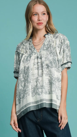 Umgee Abstract Print Blouse w/ Ruffled Neckline