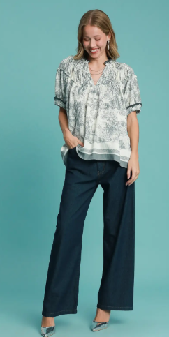 Umgee Abstract Print Blouse w/ Ruffled Neckline
