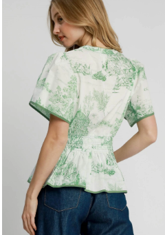 Umgee Timeless Toile Print Peplum Blouse in Green & White