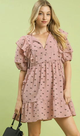 Umgee Ruffle Sleeve Bow Print Mini Dress