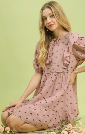 Umgee Ruffle Sleeve Bow Print Mini Dress